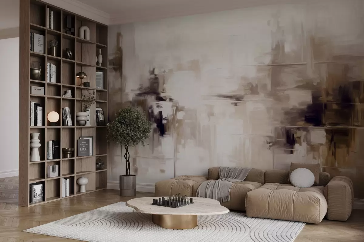 fototapeter Abstrakt teksturert landskapsmaleriimitasjon med brune og hvite penselstrøk, moderne stil w09422v1