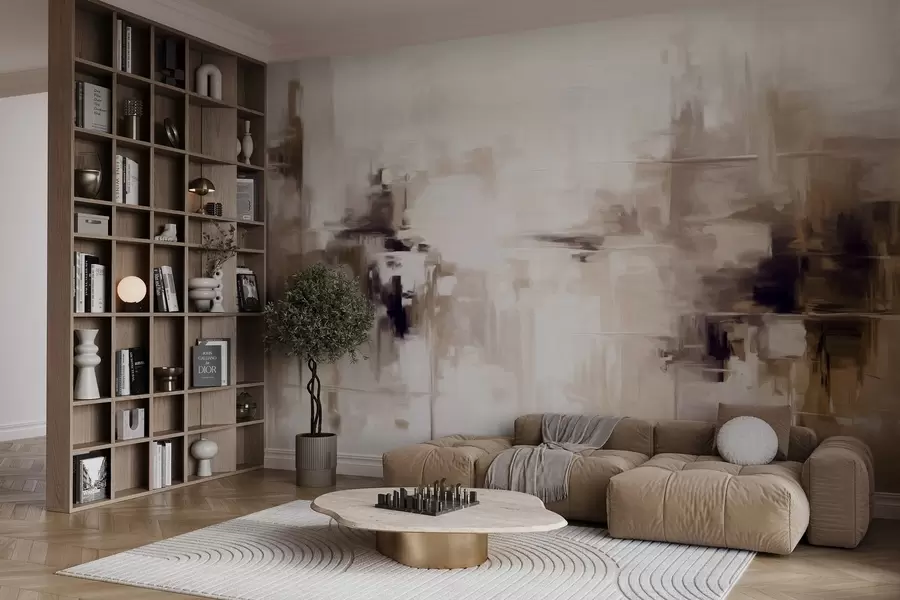 fototapeter Abstrakt teksturert landskapsmaleriimitasjon med brune og hvite penselstrøk, moderne stil w09422v1