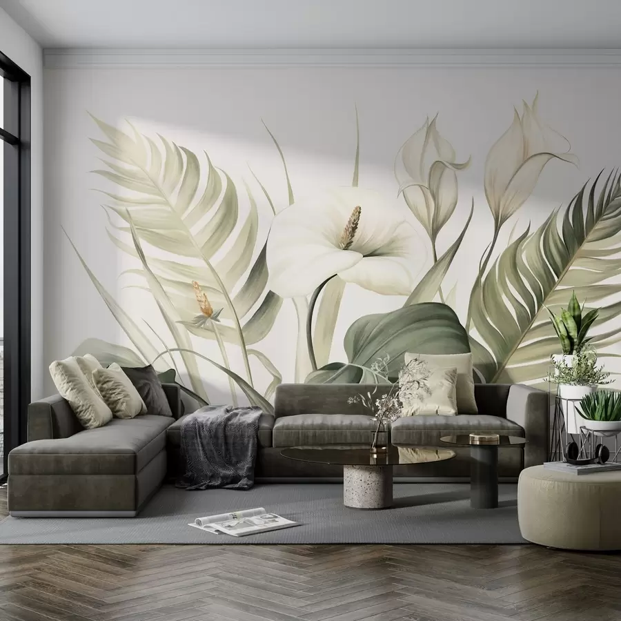 fototapeter Hvite calla liljer og grønne tropiske blader, botanisk illustrasjon, lys bakgrunn, vintage stil, strukturert w09423