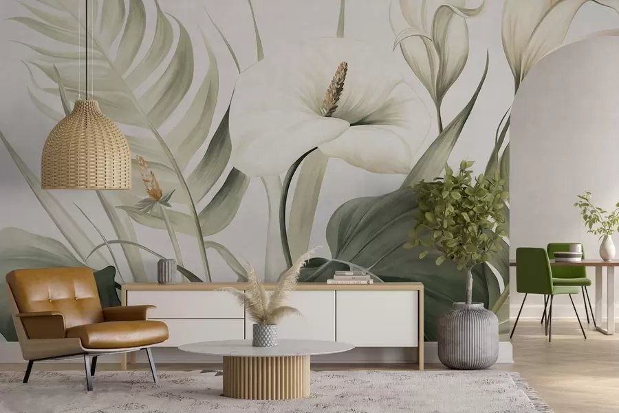 fototapeter Hvite calla liljer og grønne tropiske blader, botanisk illustrasjon, lys bakgrunn, vintage stil, strukturert w09423