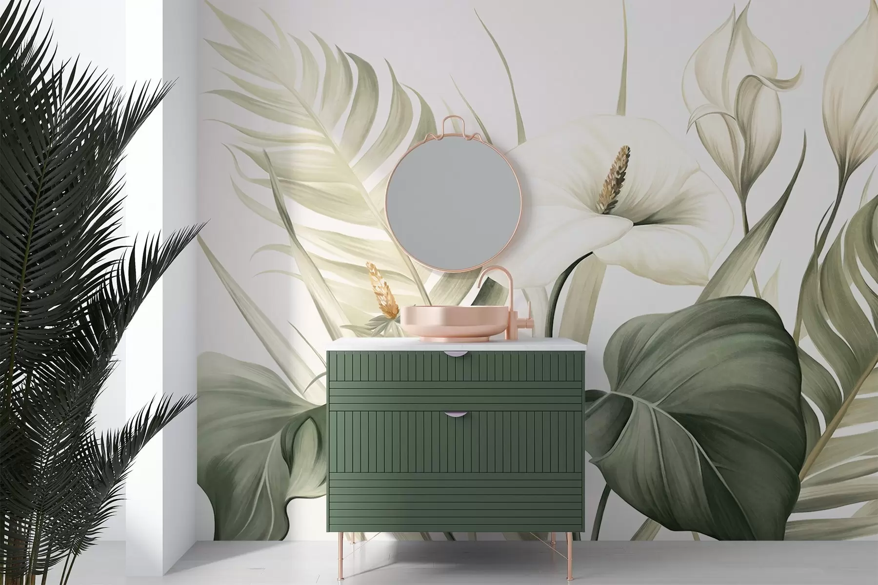 fototapeter Hvite calla liljer og grønne tropiske blader, botanisk illustrasjon, lys bakgrunn, vintage stil, strukturert w09423