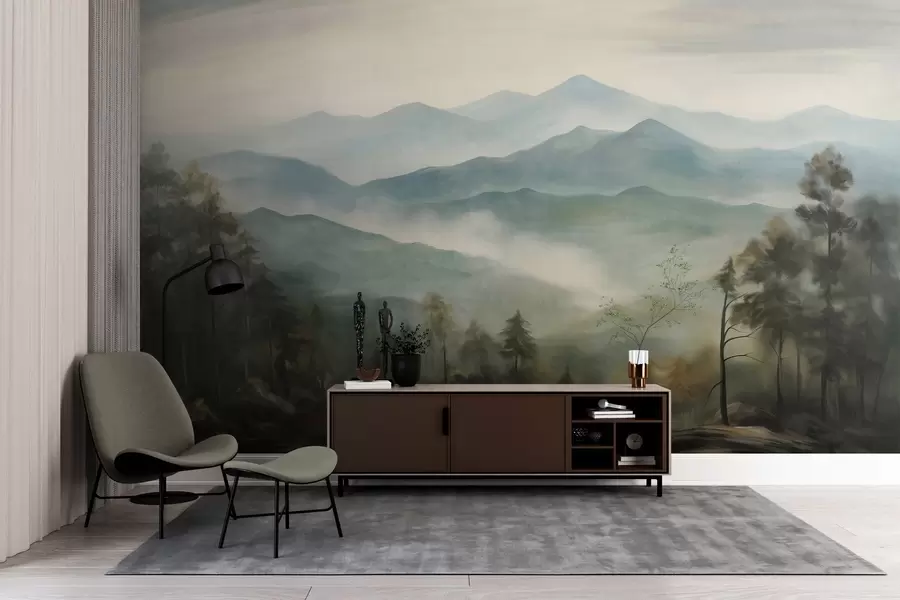 fototapeter Tåkete fjellkjede med trær, tåke, overskyet himmel, dempede farger, landskapsmaleristil w09424