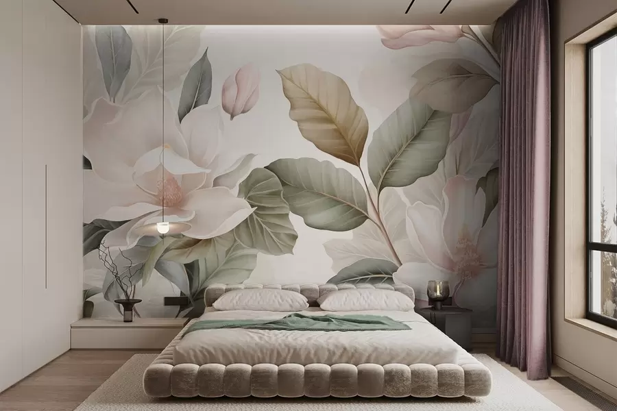 fototapeter Magnolia-blomster med blader i pastellfarger, hvitt, rosa og grønt, myke, delikate, akvarellstil w09427