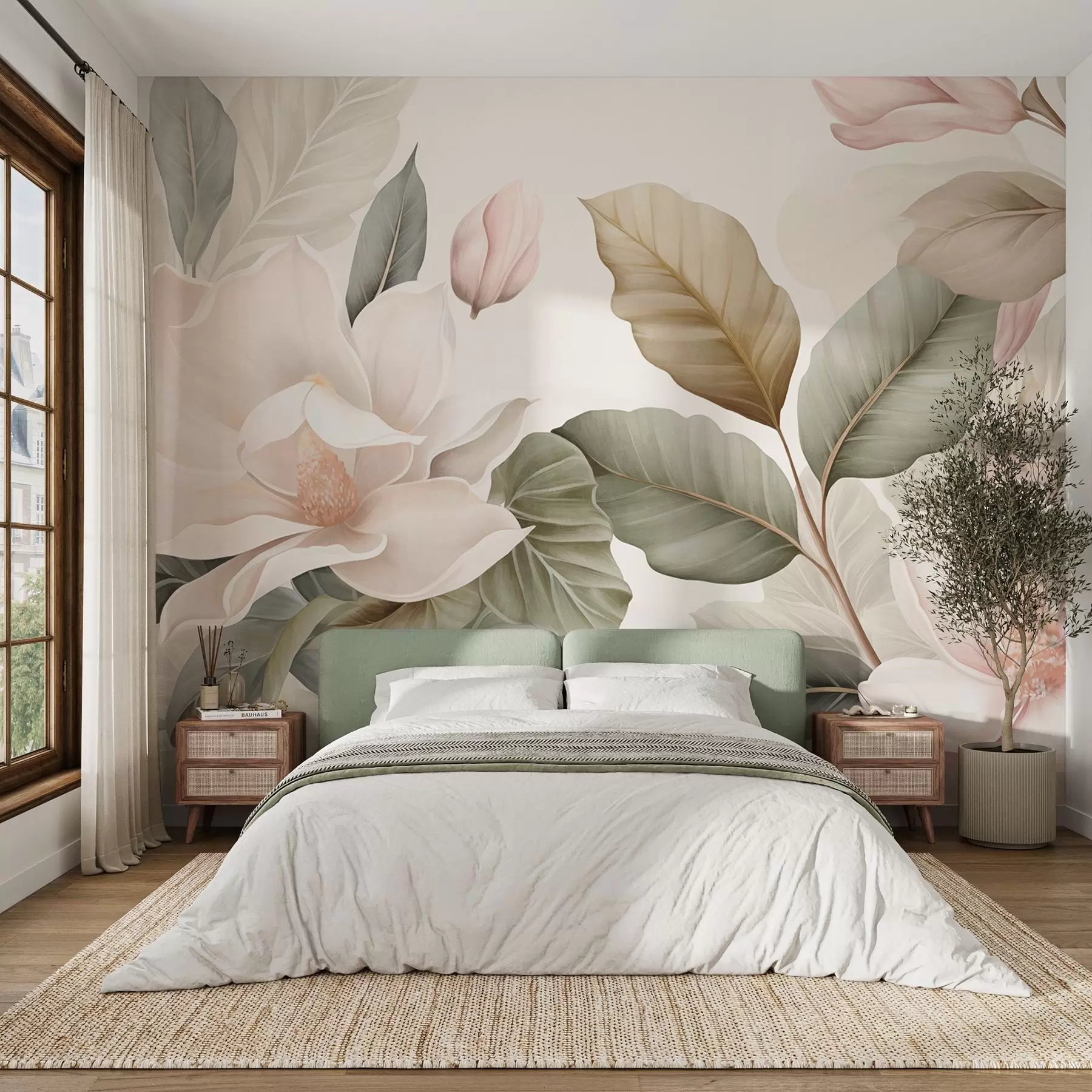 fototapeter Magnolia-blomster med blader i pastellfarger, hvitt, rosa og grønt, myke, delikate, akvarellstil w09427