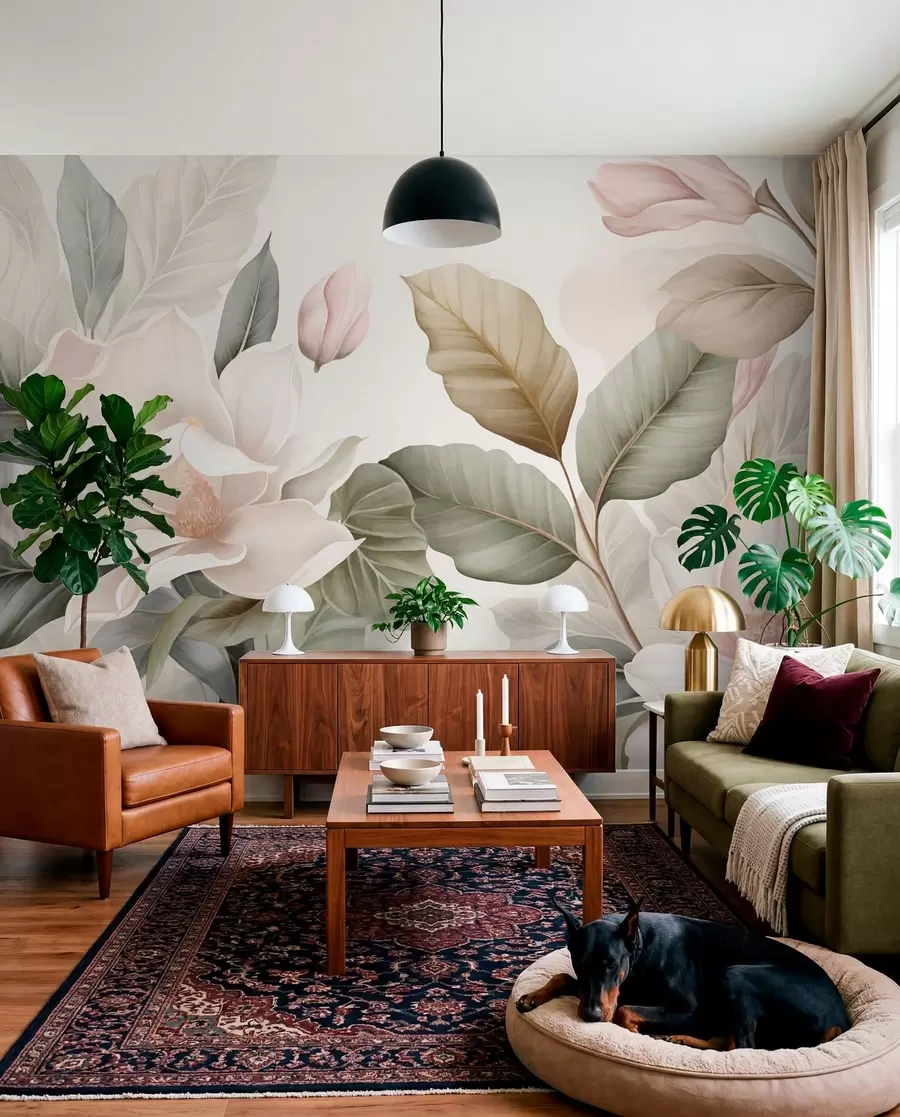 fototapeter Magnolia-blomster med blader i pastellfarger, hvitt, rosa og grønt, myke, delikate, akvarellstil w09427