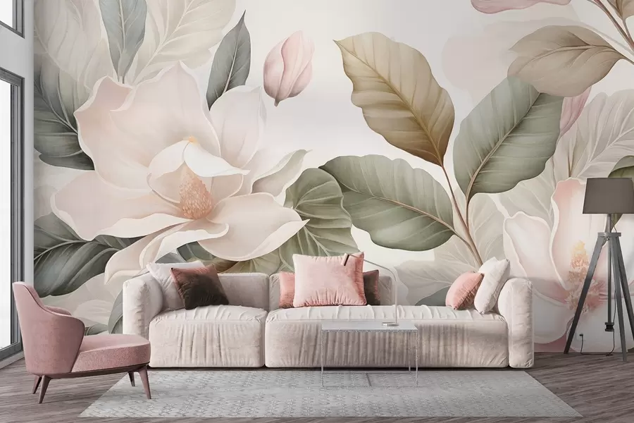 fototapeter Magnolia-blomster med blader i pastellfarger, hvitt, rosa og grønt, myke, delikate, akvarellstil w09427