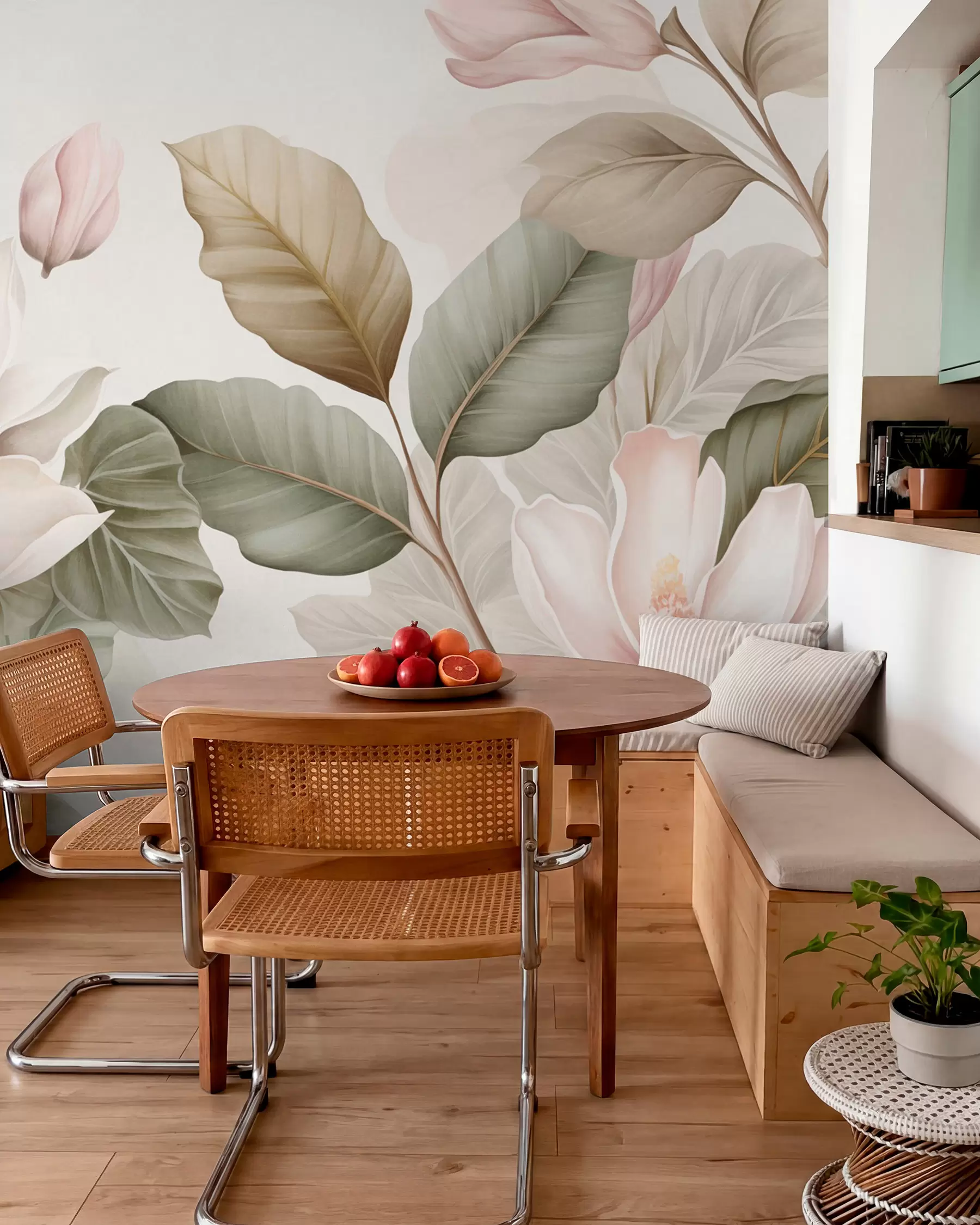 fototapeter Magnolia-blomster med blader i pastellfarger, hvitt, rosa og grønt, myke, delikate, akvarellstil w09427
