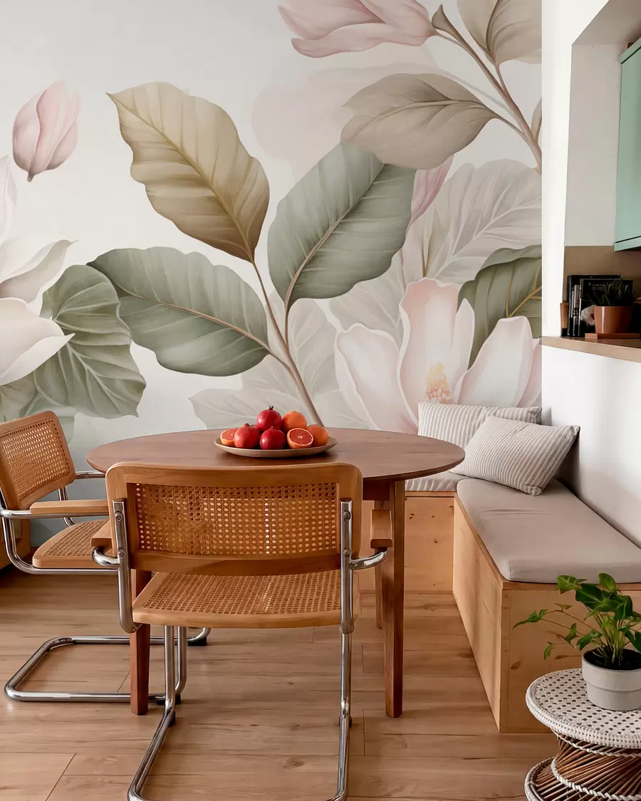 fototapeter Magnolia-blomster med blader i pastellfarger, hvitt, rosa og grønt, myke, delikate, akvarellstil w09427