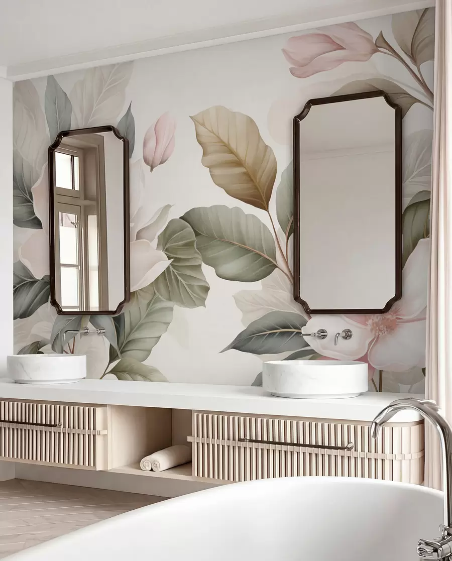 fototapeter Magnolia-blomster med blader i pastellfarger, hvitt, rosa og grønt, myke, delikate, akvarellstil w09427