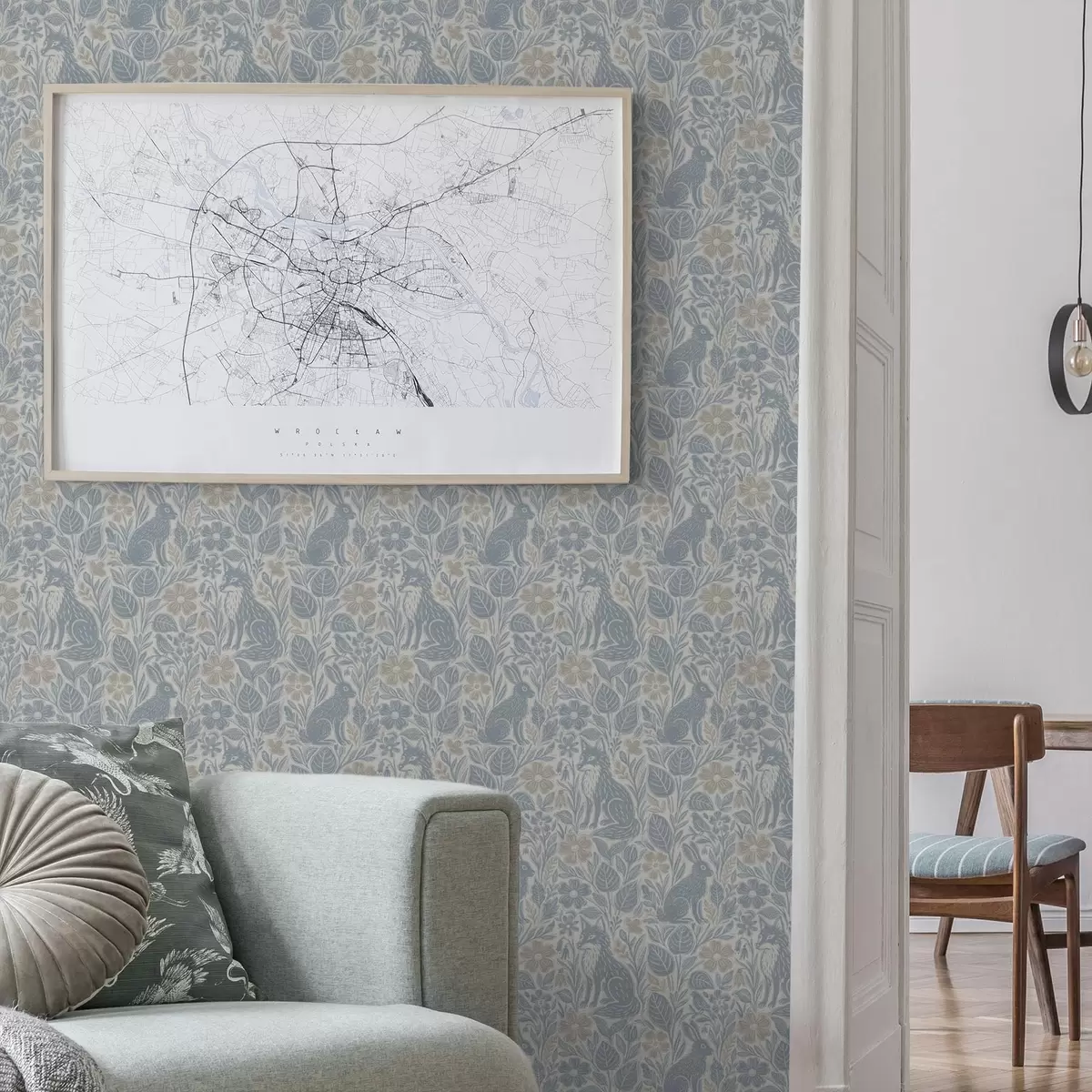 Bakgrunn Skogsdyr og blomster: rev og hare i blå toner a00613