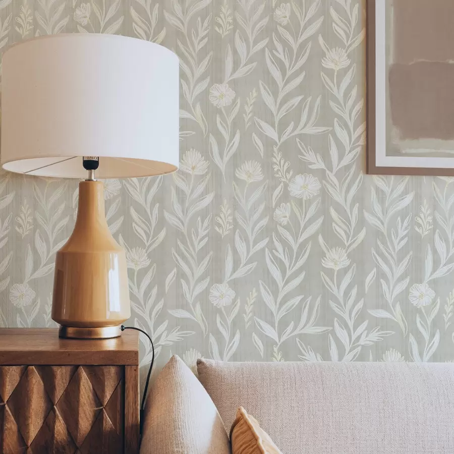 fototapeter Lyse gress og blomster på beige, skisserte linjer a00618