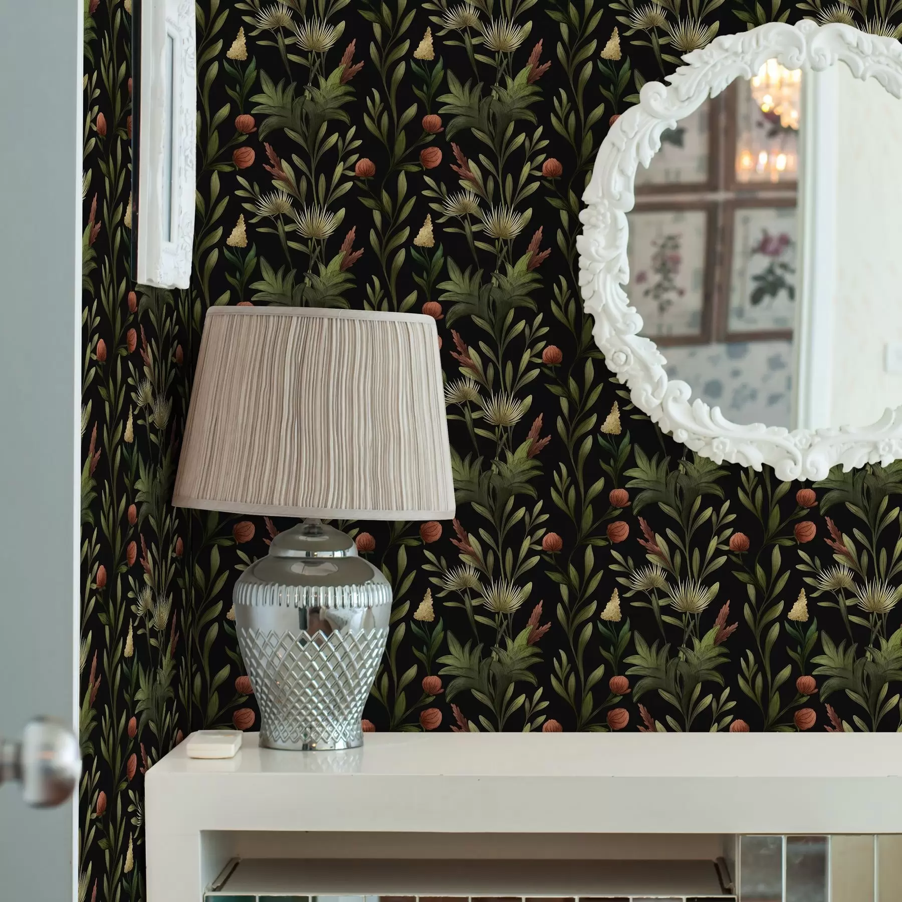 fototapeter Høyt gress og blomster på svart, detaljert trykk a00620