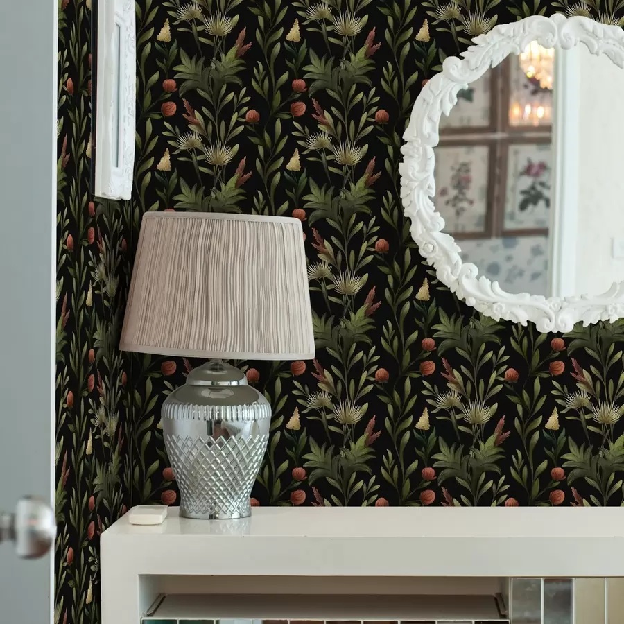 fototapeter Høyt gress og blomster på svart, detaljert trykk a00620