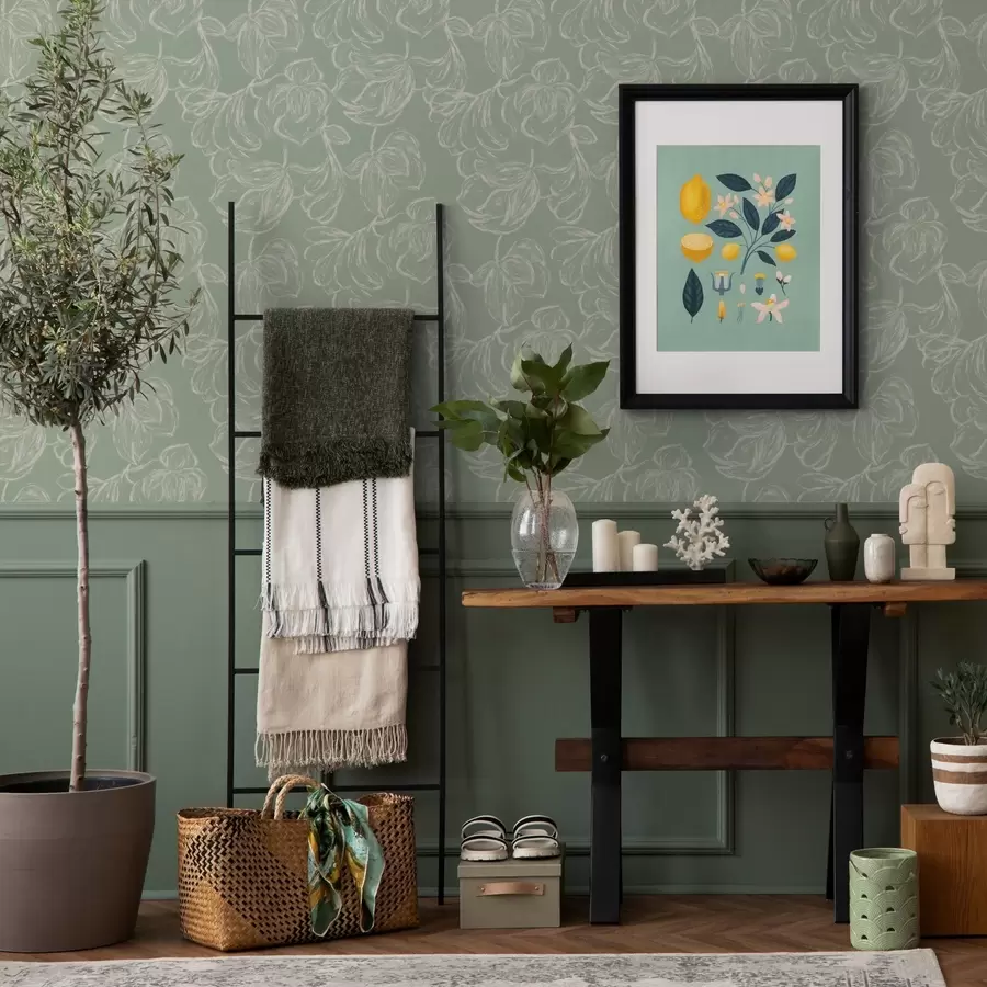 fototapeter Lineære store blomster, krittstreker på salviefarget bakgrunn a00625v1