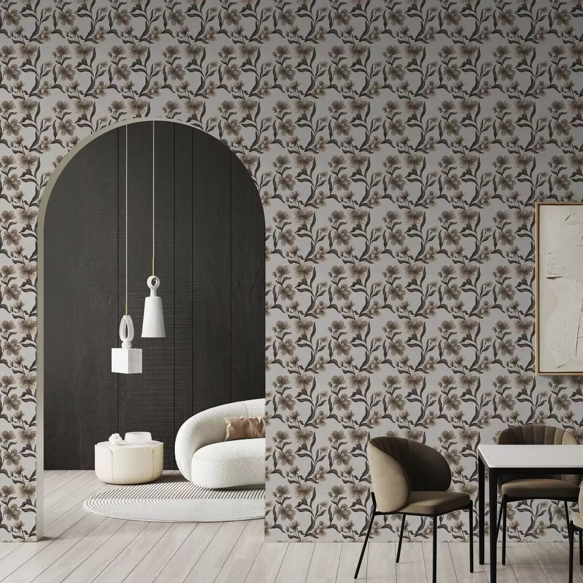 Bakgrunn Beige blomster og mørke grener på en lysegrå bakgrunn a00626v1