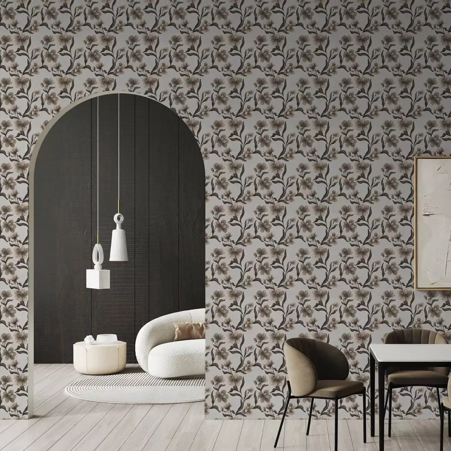 fototapeter Beige blomster og mørke grener på en lysegrå bakgrunn a00626v1