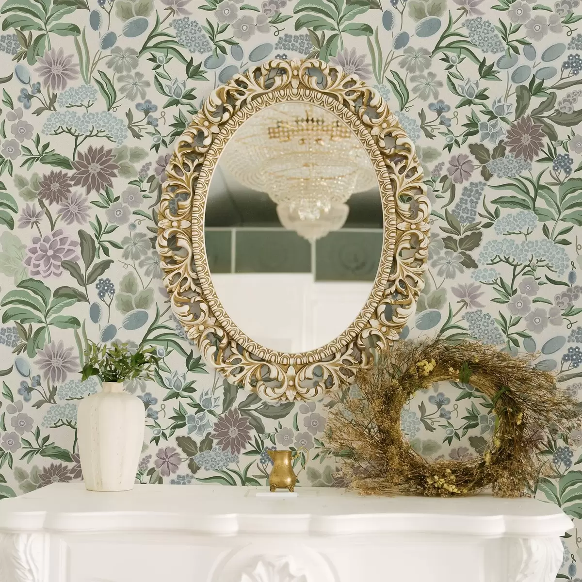 Bakgrunn Pastellfargede blomster og løvverk i en mintblå palett a00642