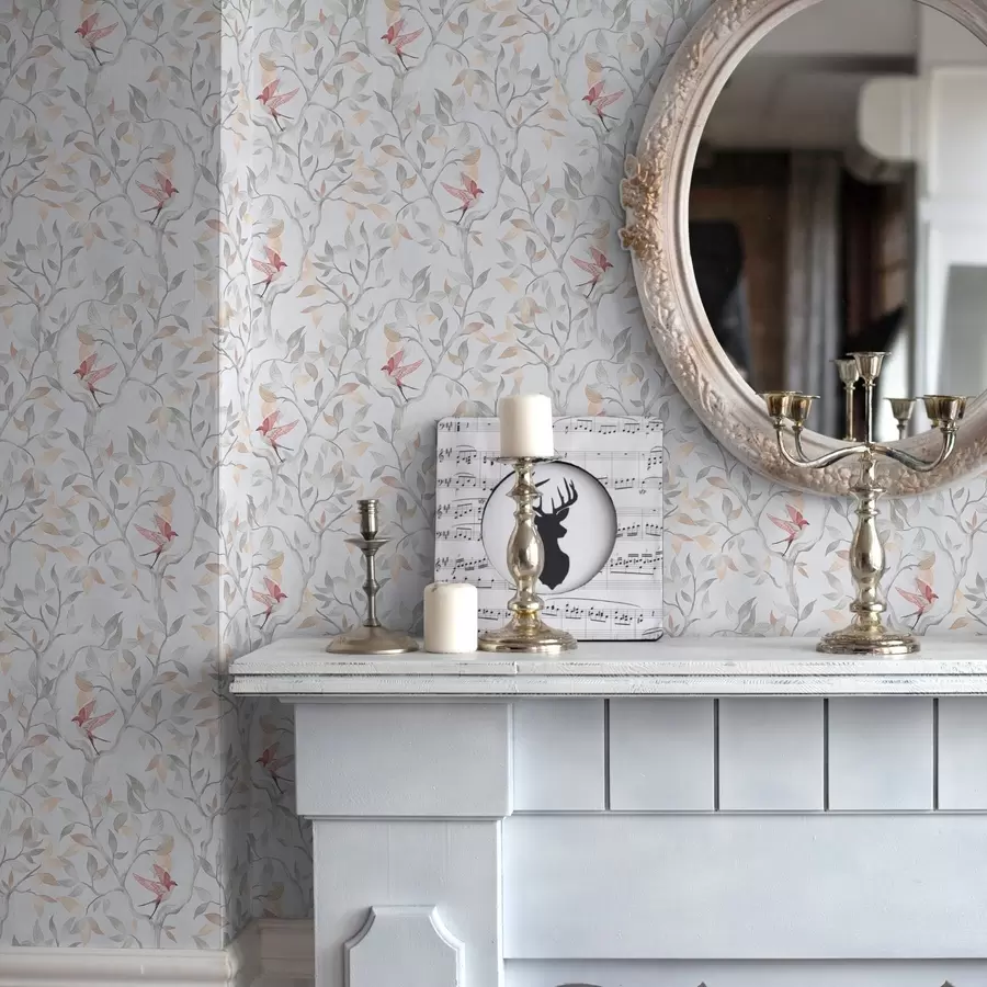 fototapeter Lette grener med blader og fugler i ferskenfarger a00716