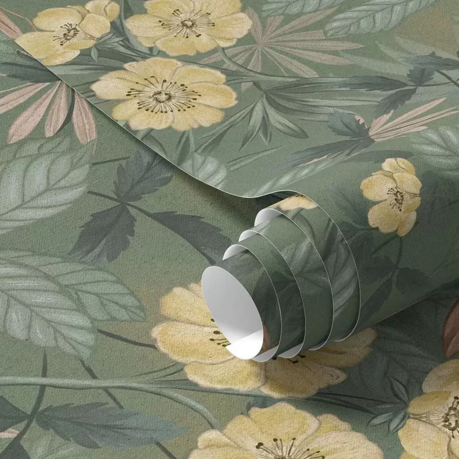 fototapeter Gule blomster blant grønne, bladrike teksturer a00718