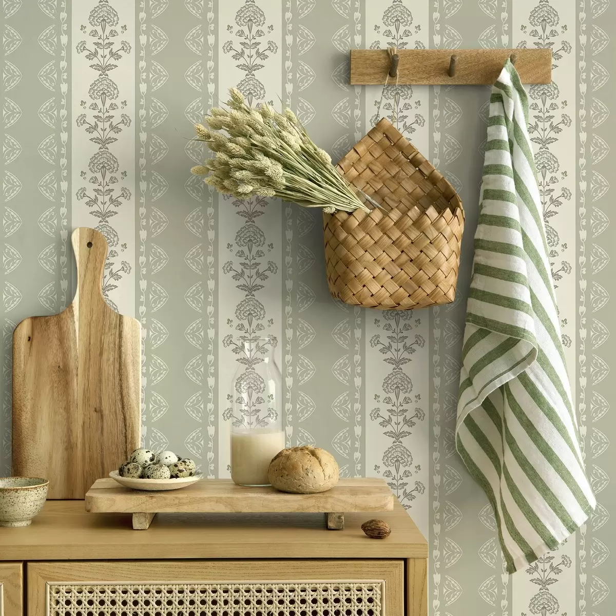 Bakgrunn Stripet ornament med blomstersøyler i salviefarger a00719