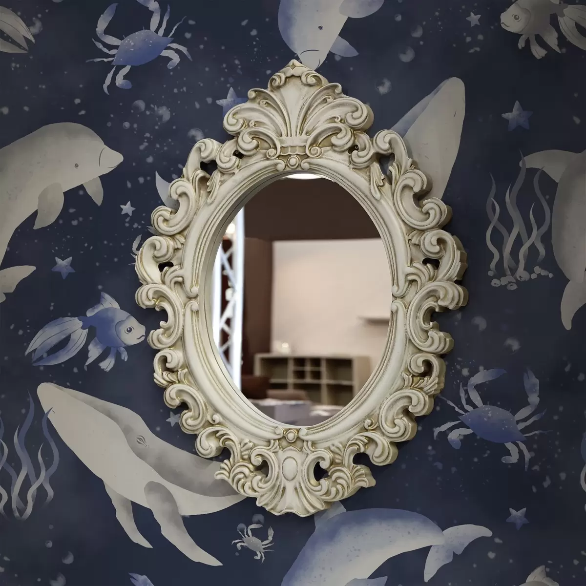 Bakgrunn Havhvaler, delfiner og krabber på mørkeblå bakgrunn a00720