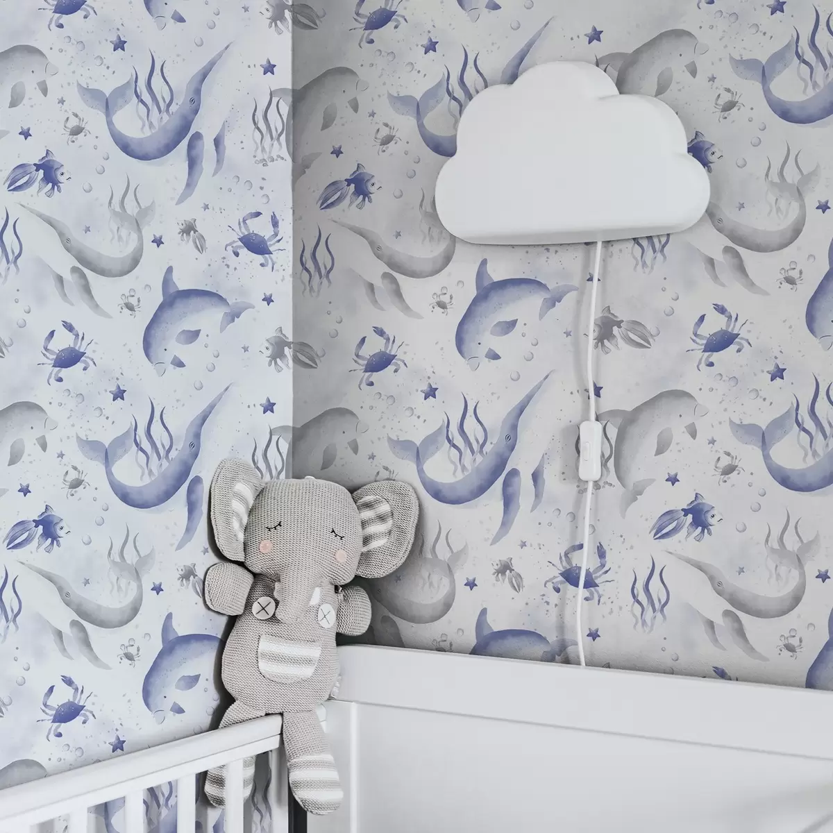 Bakgrunn Havhvaler og delfiner i blå toner på hvit bakgrunn a00720v1