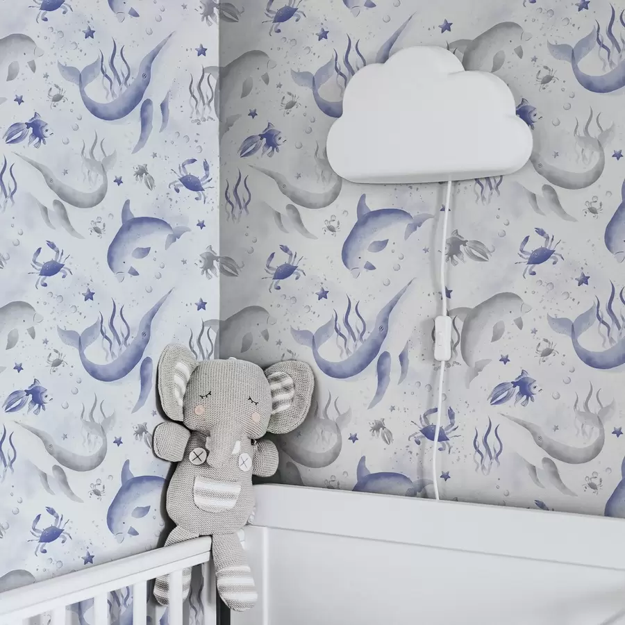 fototapeter Havhvaler og delfiner i blå toner på hvit bakgrunn a00720v1