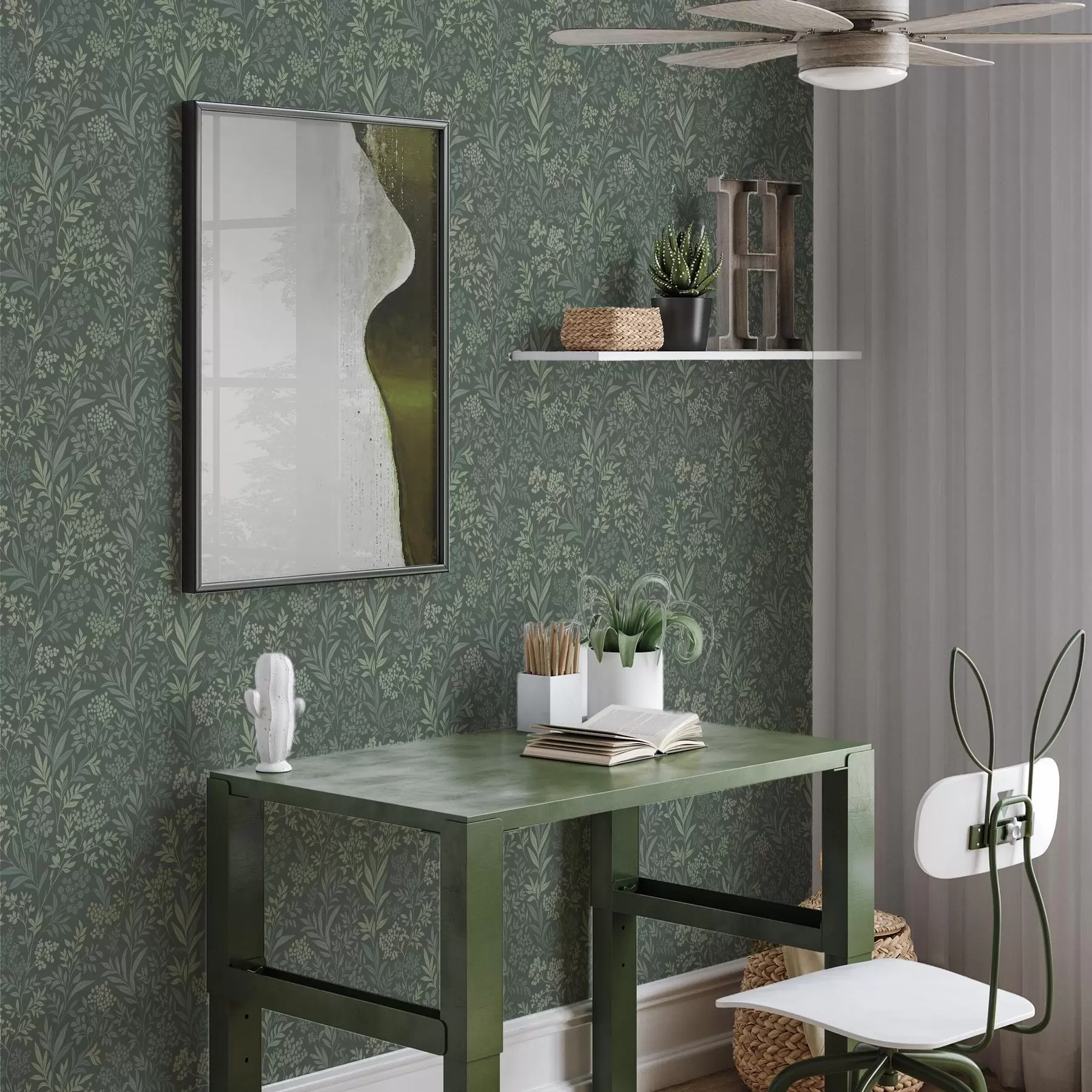 fototapeter Smaragdgrønt gress og bær, fint botanisk mønster a00740