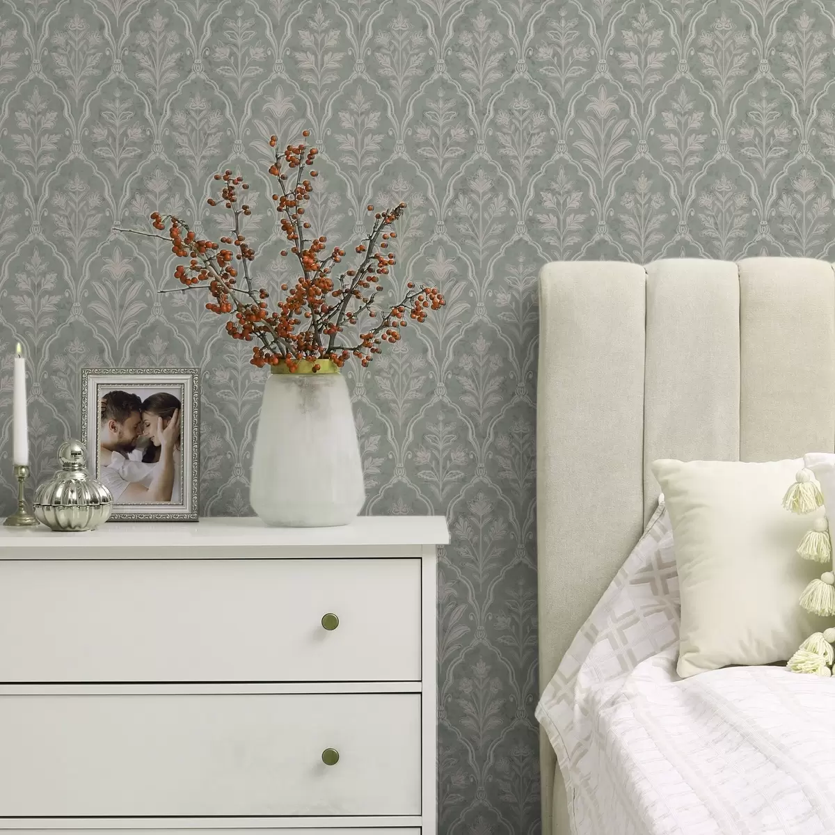 Bakgrunn Mintdamask med fine blomstermedaljonger a00741