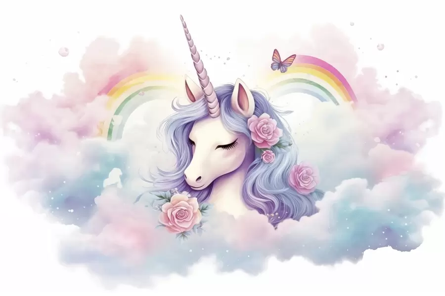 fototapeter Pastellfarget enhjørning i skyene med regnbue og roser w03990