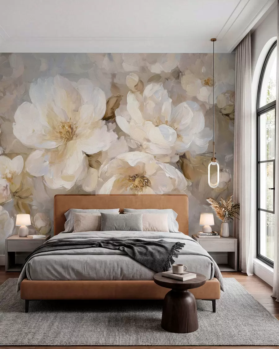 fototapeter store blomster i hvite og beige toner i stil med oljemaleri w04633