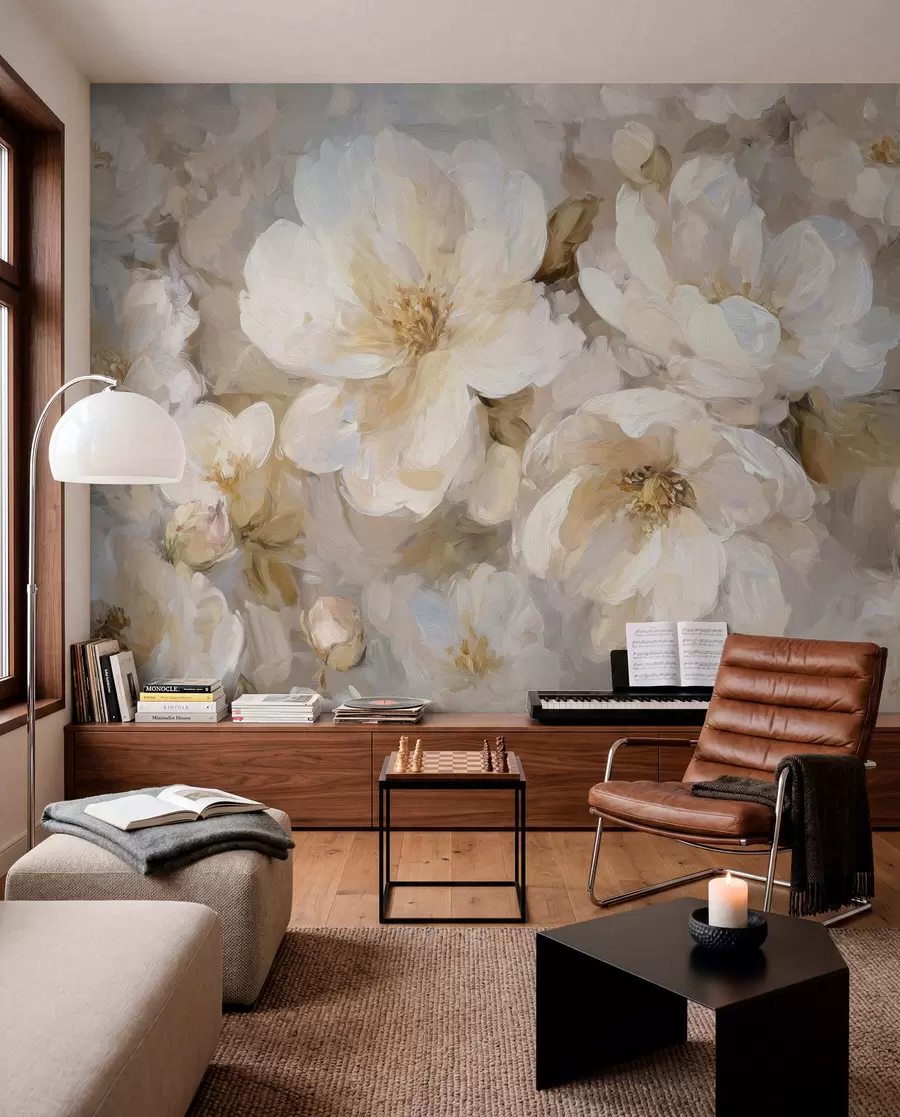 fototapeter store blomster i hvite og beige toner i stil med oljemaleri w04633
