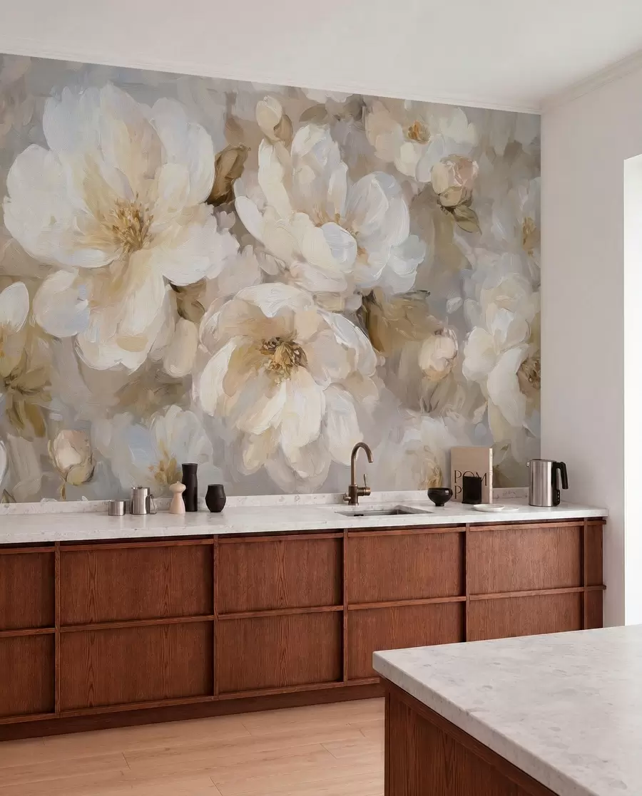 fototapeter store blomster i hvite og beige toner i stil med oljemaleri w04633