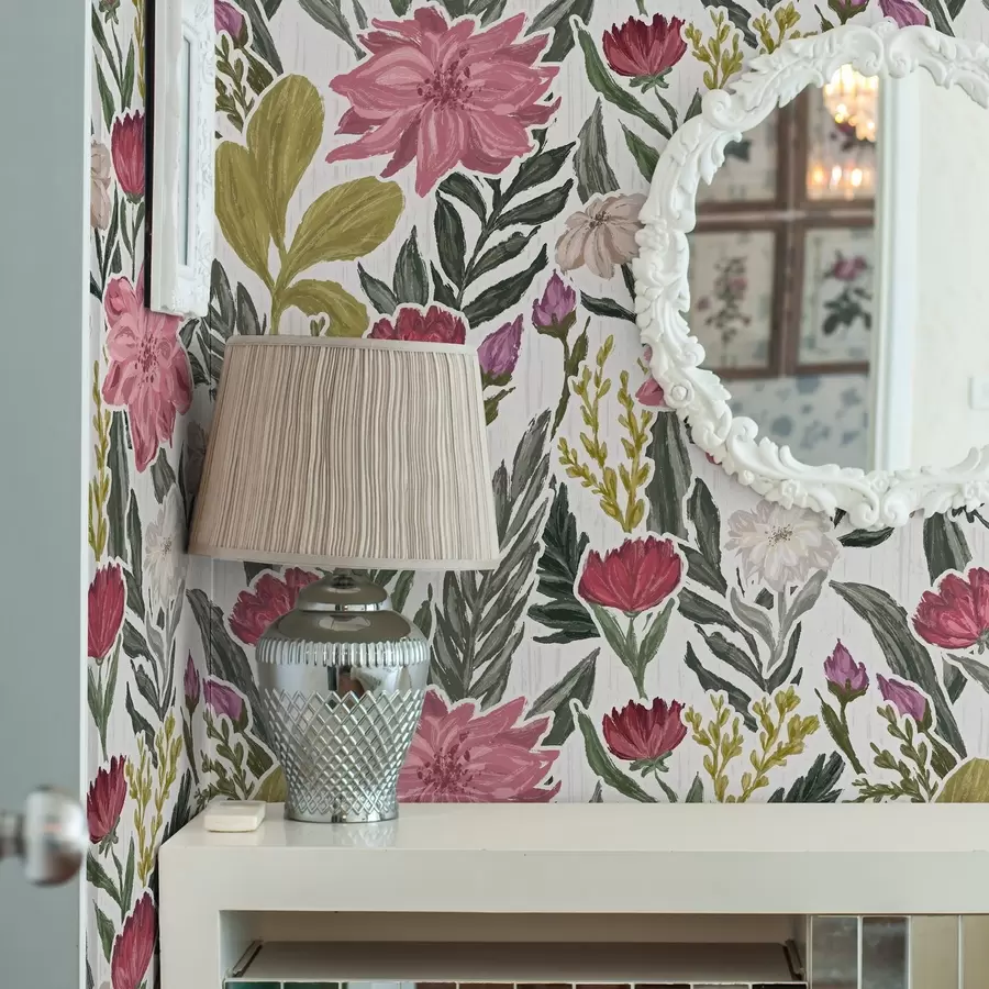 fototapeter Frodige rosa og kremfargede blomster på hvit bakgrunn, impasto-tekstur a00629v1