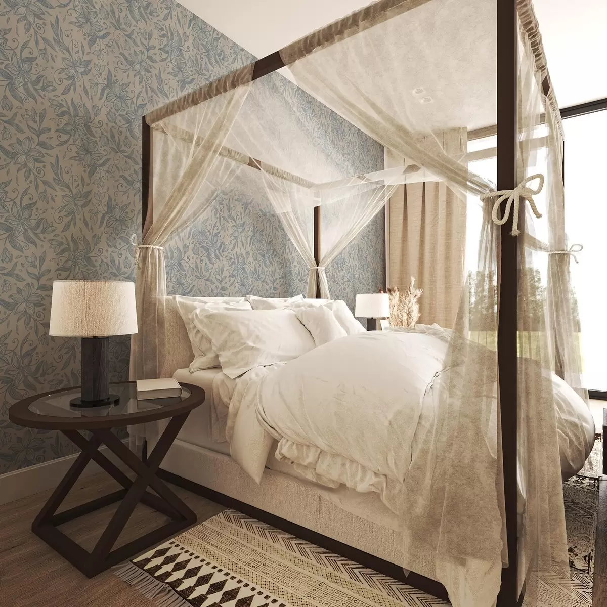 Bakgrunn Blått lineært blomstermønster på varm beige a00630v2