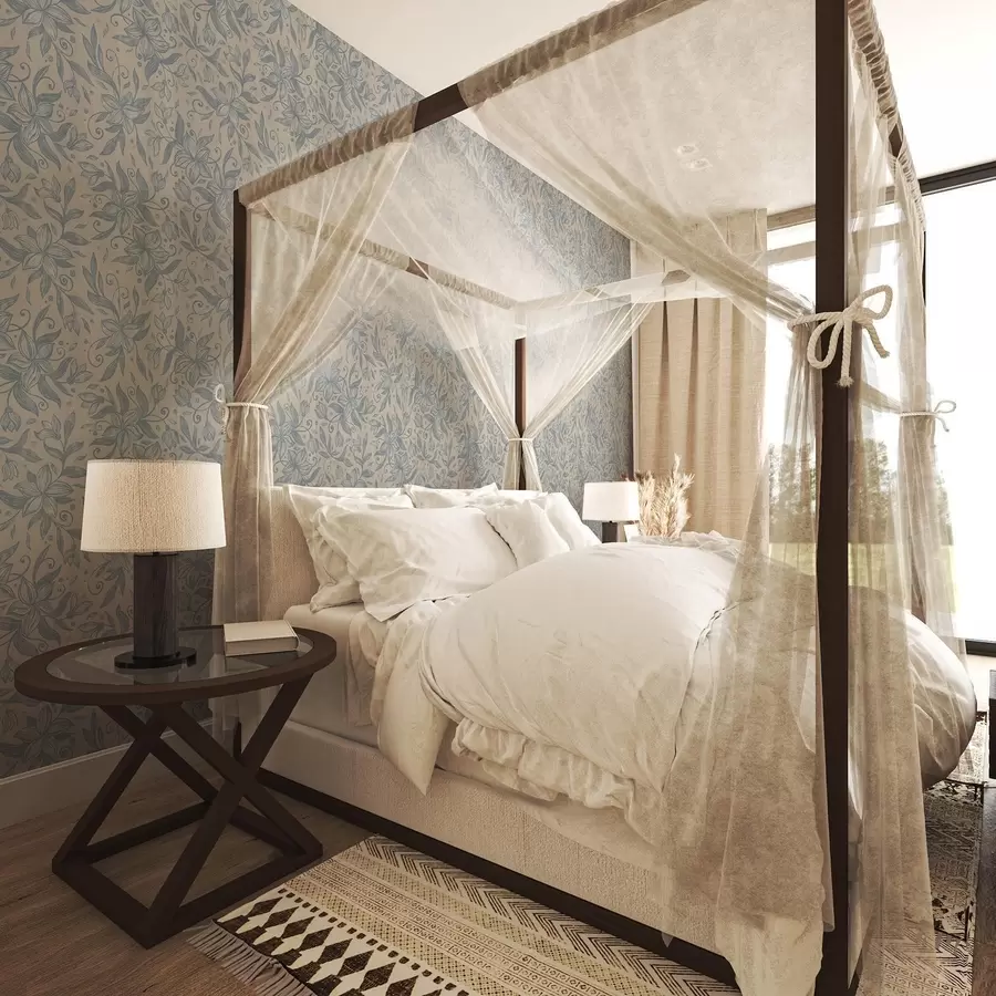 fototapeter Blått lineært blomstermønster på varm beige a00630v2