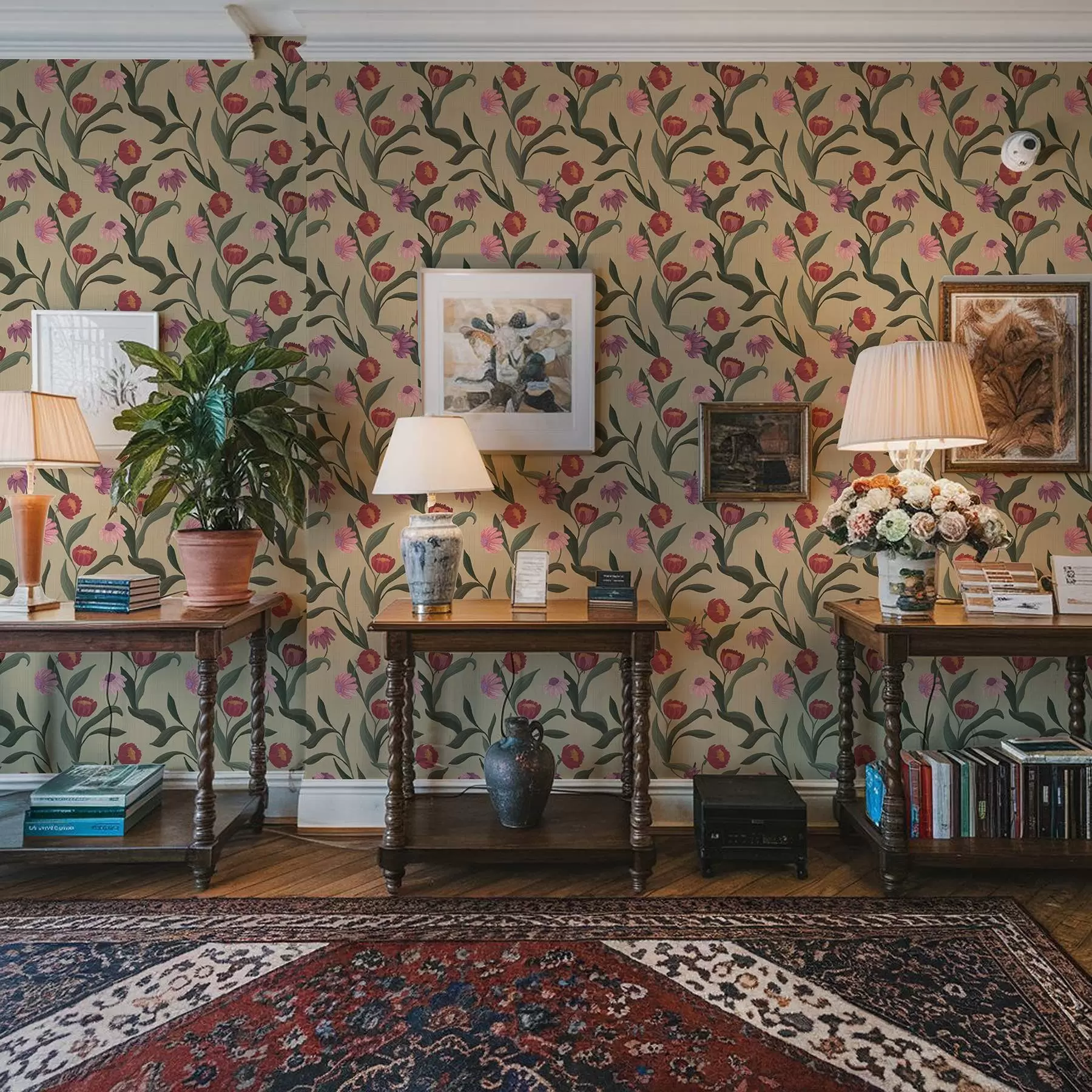 fototapeter Rosa-røde blomster på beige bakgrunn, håndtegnet tekstur a00631