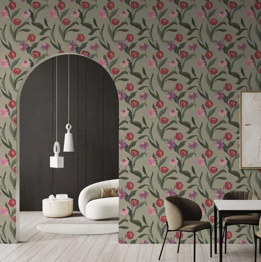 fototapeter Rosa-røde blomster på olivenbakgrunn, lerretstruktur a00631v1