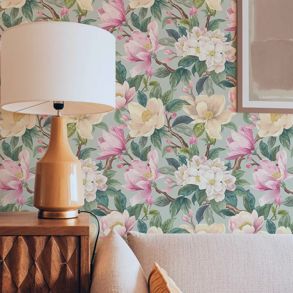 Bakgrunn Magnoliaer og hvite blomster på en mintgrå bakgrunn a00644