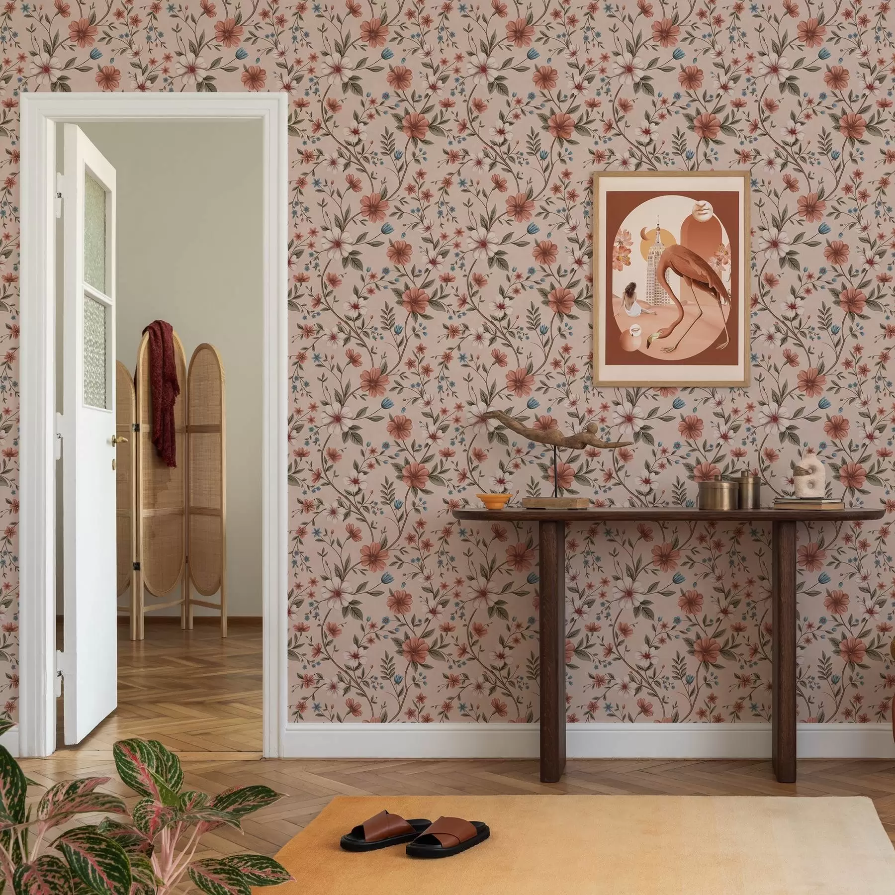 fototapeter Rosa korallblomster og løvverk på støvrosa bakgrunn a00667