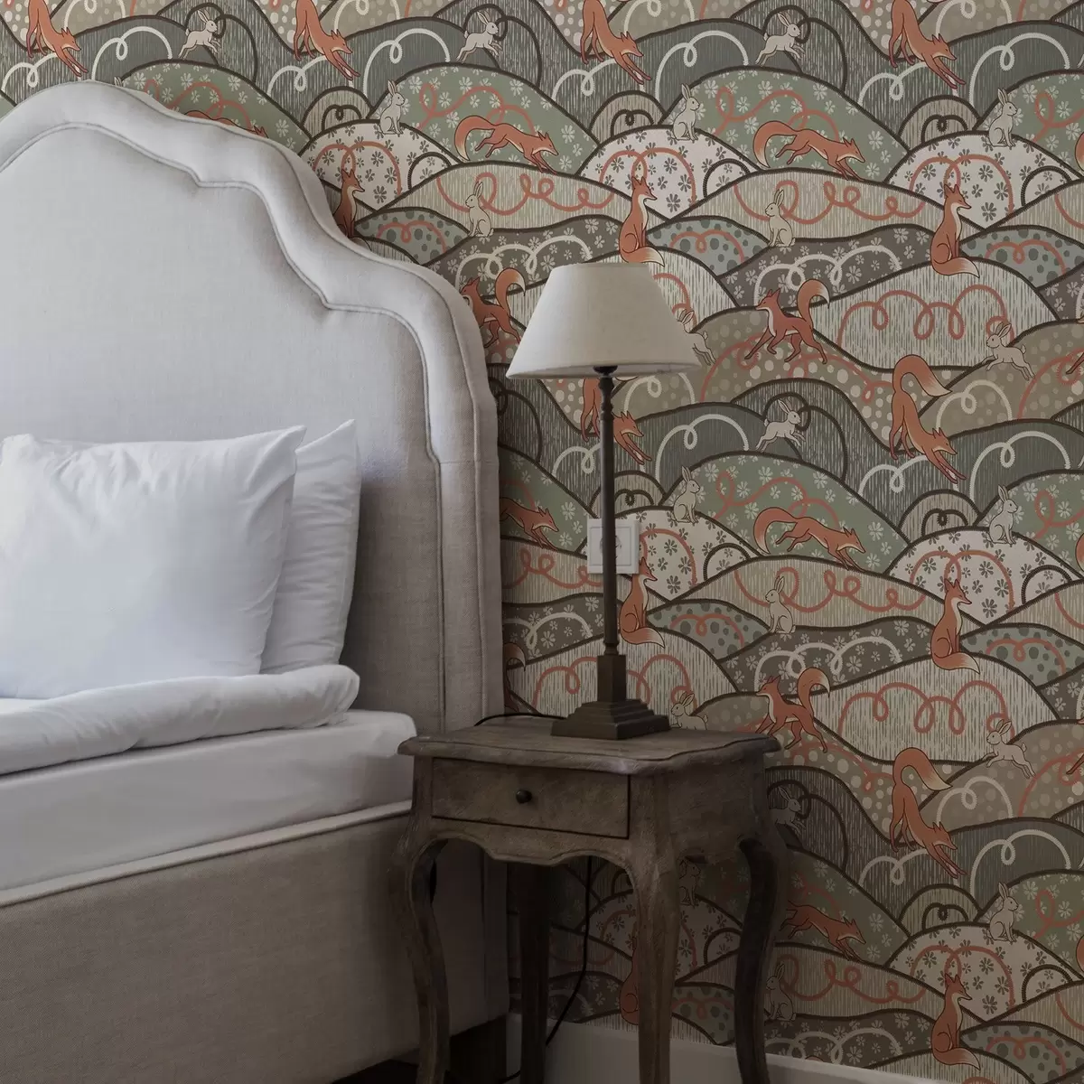 Bakgrunn Reven og harer på bølgende åser, retro mønster a00690