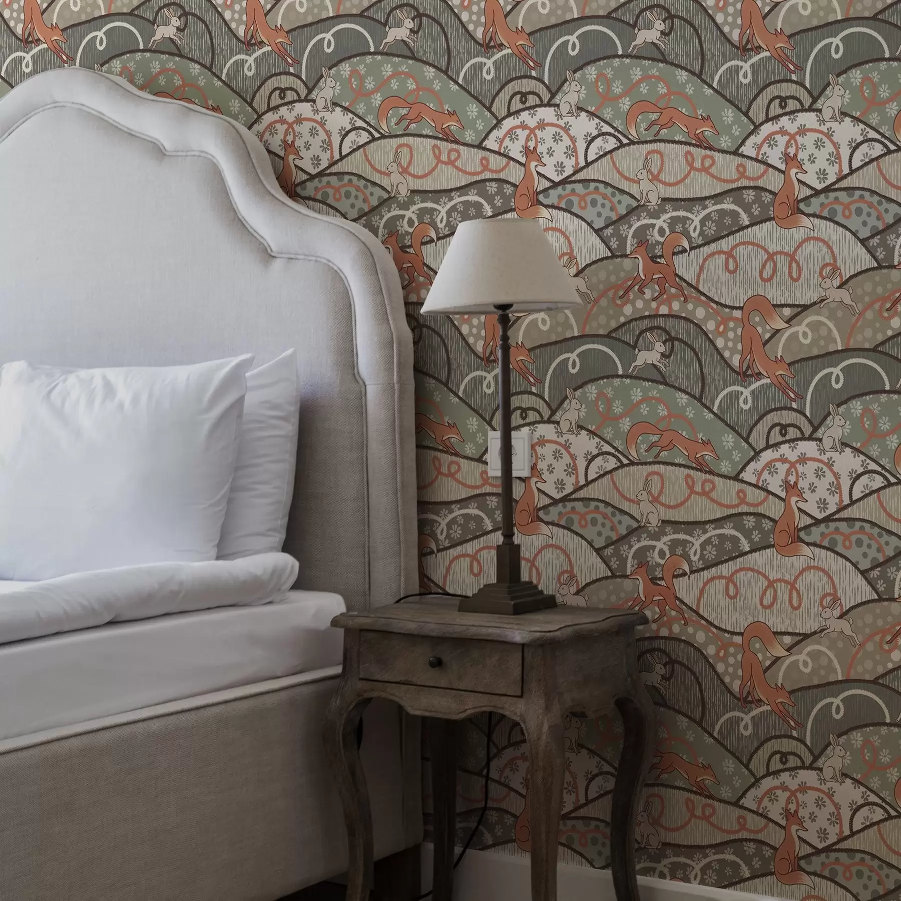 fototapeter Reven og harer på bølgende åser, retro mønster a00690