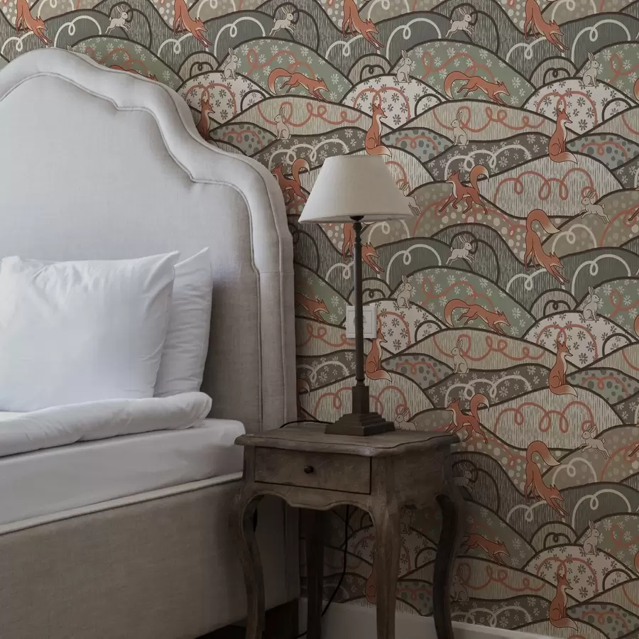 fototapeter Reven og harer på bølgende åser, retro mønster a00690