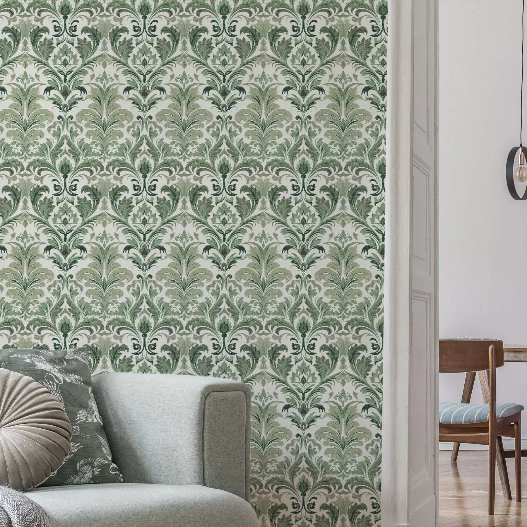fototapeter Grønn damask med opphøyd tekstur på lys bakgrunn a00692