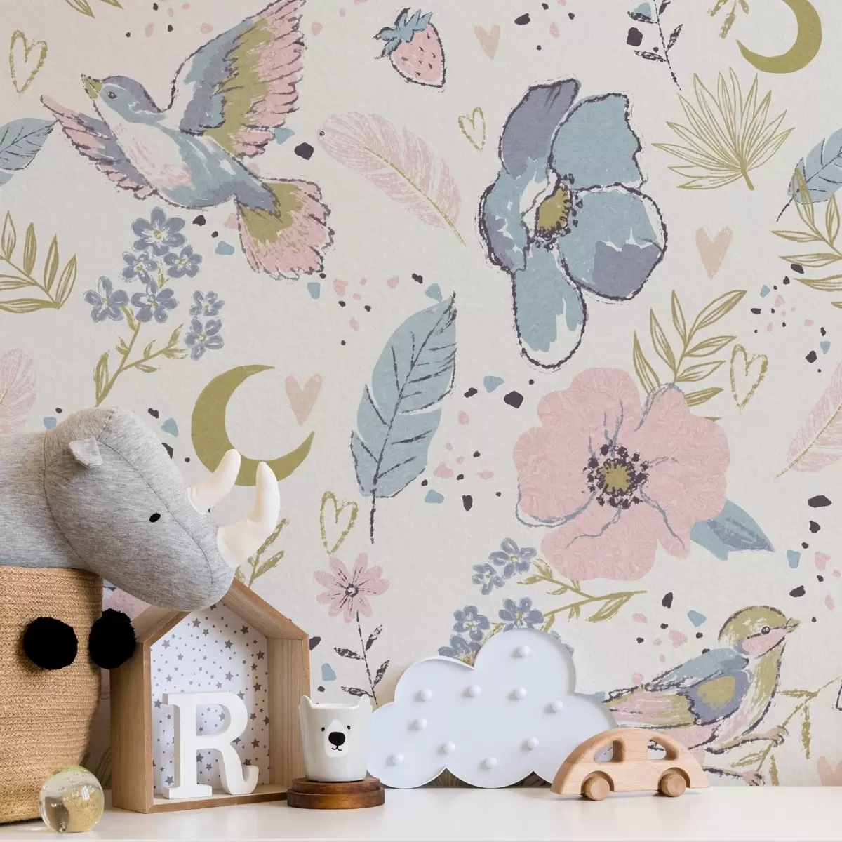 Bakgrunn Pastellfargede fugler og blomster med halvmåner på hvit bakgrunn a00721