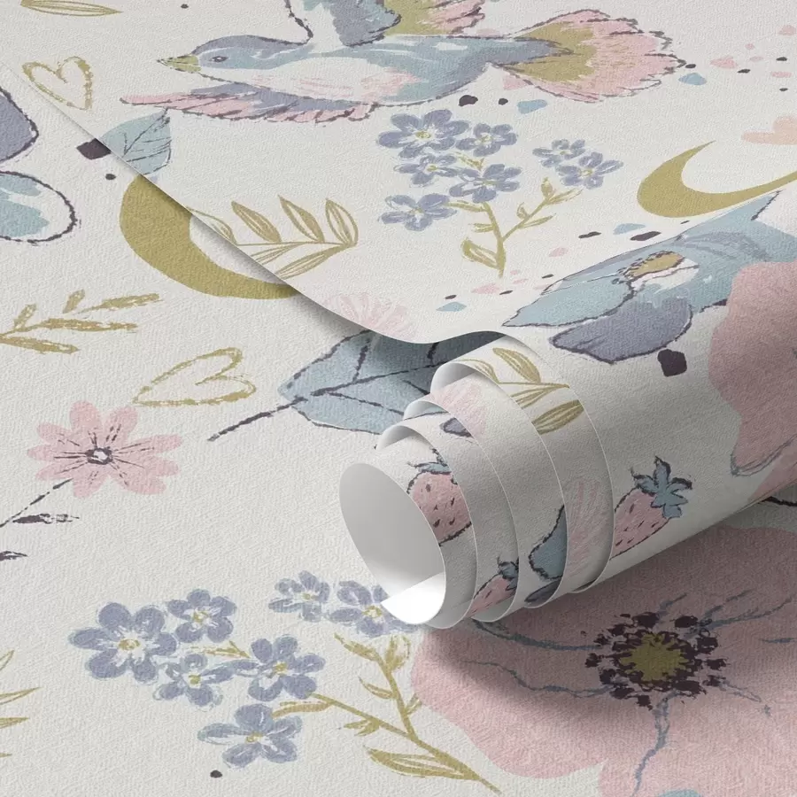 fototapeter Pastellfargede fugler og blomster med halvmåner på hvit bakgrunn a00721