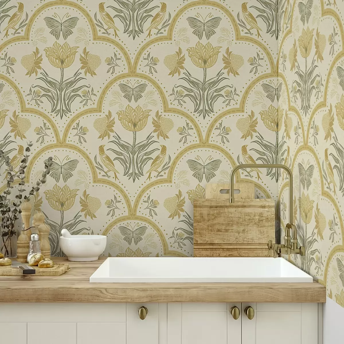 Bakgrunn Ornament med tulipan, fugler og sommerfugler, oker a00722