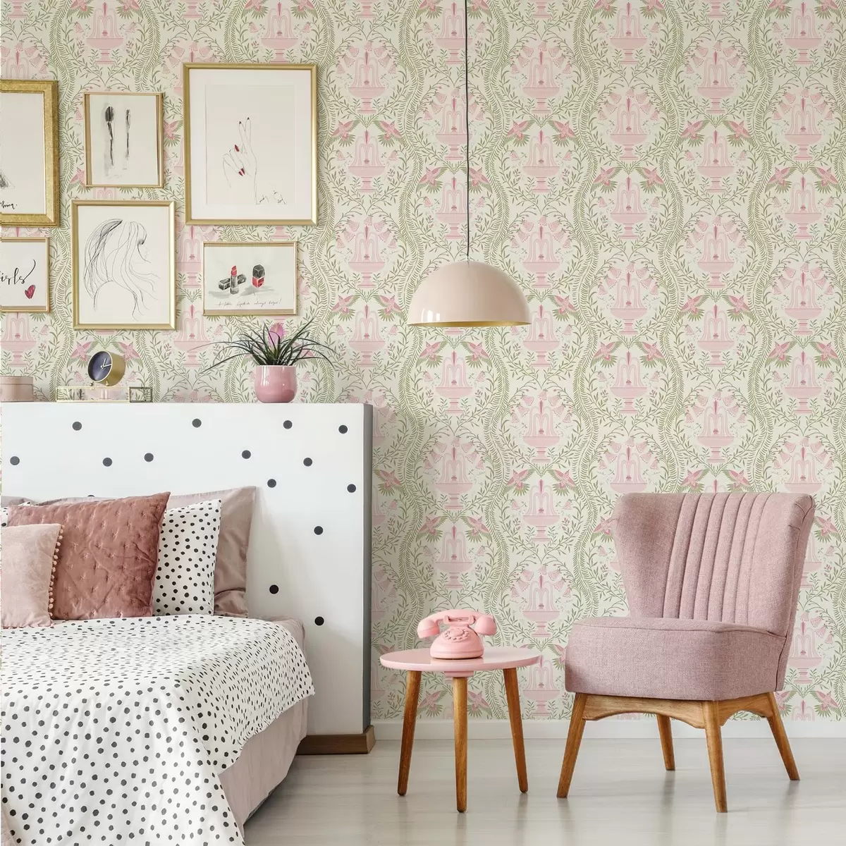 Bakgrunn Fontener, kolibrier og grønne ruller på en lys bakgrunn a00723