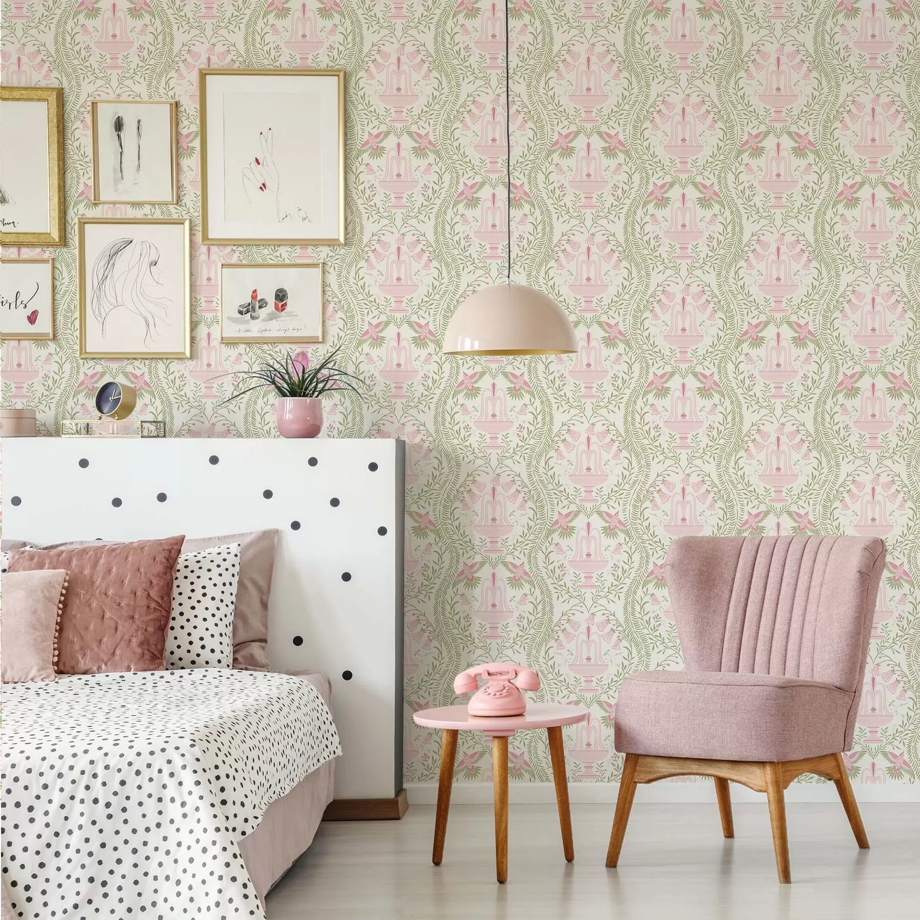 fototapeter Fontener, kolibrier og grønne ruller på en lys bakgrunn a00723