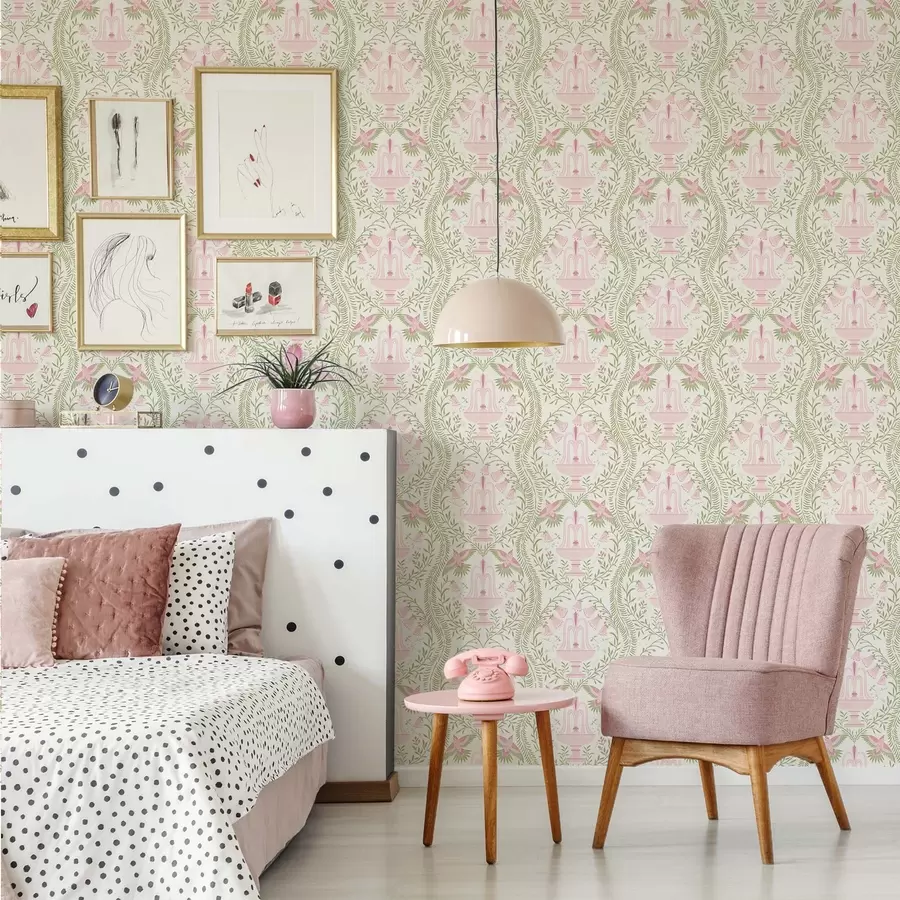 fototapeter Fontener, kolibrier og grønne ruller på en lys bakgrunn a00723